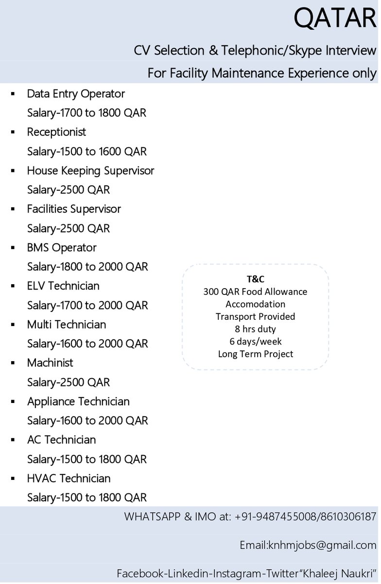 khaleejnaukri's tweet photo. Greetings from Khaleej Naukri!!
Requirement for a Leading Facility maintenance Company in Qatar. #cvselection #onlineinterview
https://t.co/V9a01HNbcG
#khaleejnaukri #qatar #qatarjobs #qatarjobsmarket #facilitymaintenance #facilitiesmaintenance #gulfjobs #gulfcareers #gulfjob https://t.co/v3QEVsEkeg