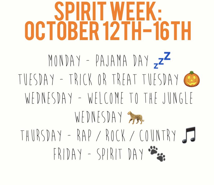 Spirit week starts next week! Here are the days! Dress code still APPLIES! #SENIORYEAR 
* Friday : home game against Anclote