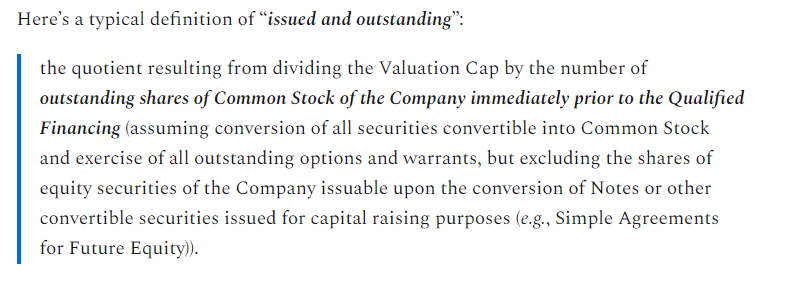 1a) Issued & Outstanding The first way is simple: Calculate the total outstanding pre-money shares, including:• Common Stock Issued• Options Granted*BUT excluding Currently Available Options & Expanded Option Pool. "Reserves" are silent here which means they're excluded.