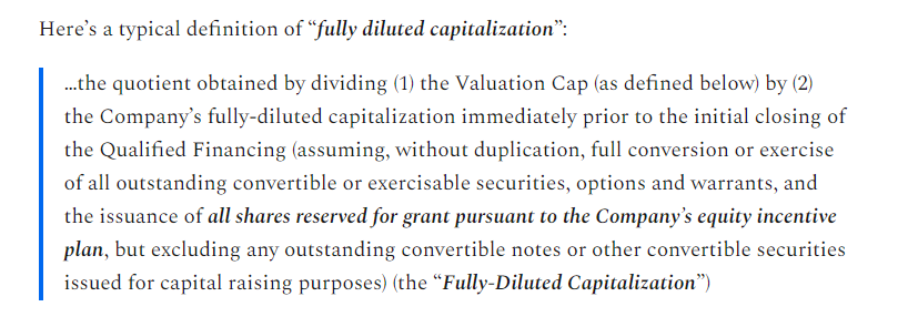 1b) Fully-Diluted BasisThe second way is more complex: Calculate all securities on a fully-diluted basis (including reserved plan and ungranted options) so that the existing common stockholders will assume the dilutive effects when those options are issued and exercised.