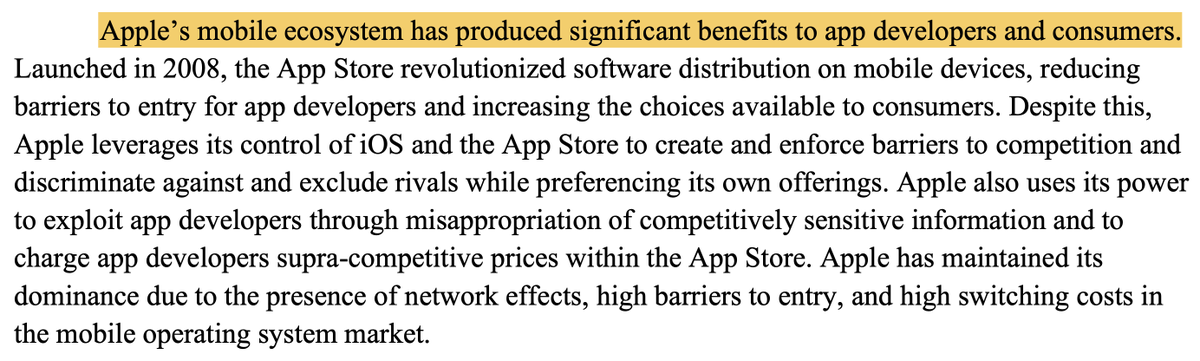 This paragraph highlights an unavoidable tension. The report admits that Apple's closed ecosystem has produced significant benefits to app developers and consumers.But the flip side of that closed ecosystem is that some players feel excluded (or can't do what they want).