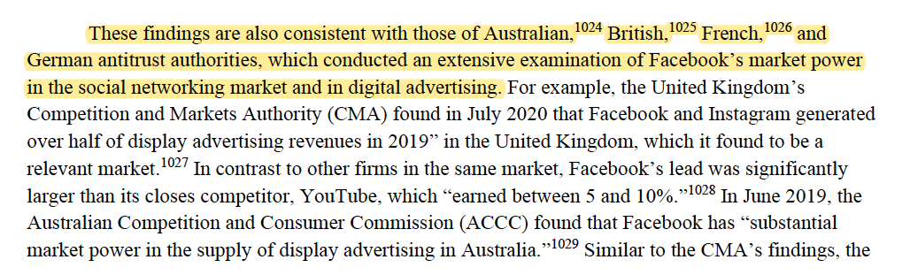 after two additional harms including weaponization of platform (includes evidence from previously leaked docs), we roll into decision FB has a monopoly in digital advertising in the social networking market. Dead to rights with 4 other national investigations in agreement.