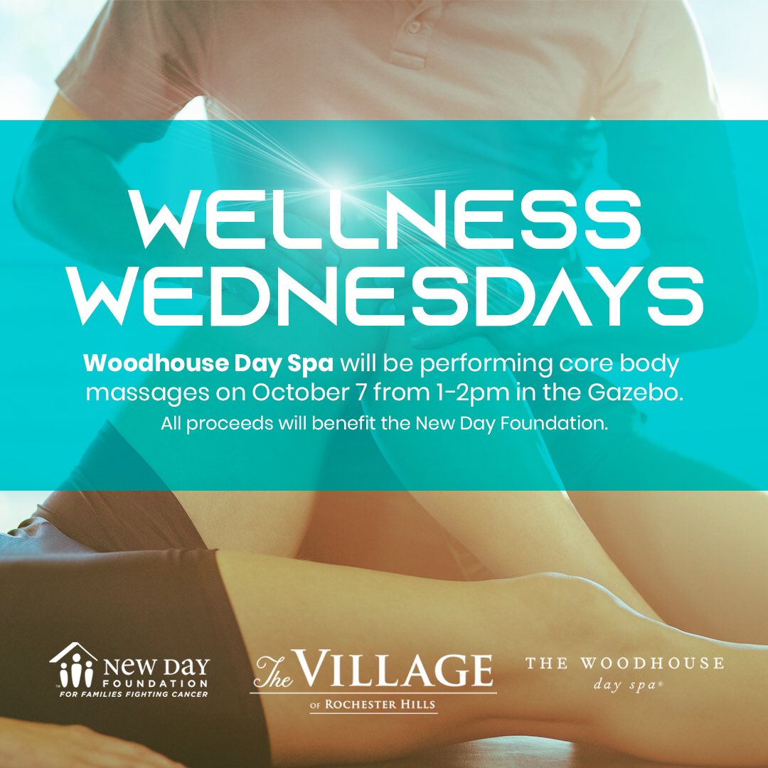 NewDayFamilies's tweet photo. Woodhouse Day Spa will be offering core body massages tomorrow from 1:00PM-2:00PM near the gazebo in the Village of Rochester Hills! 100% of the proceeds will benefit New Day Foundation for Families! #newday #hopeshines #beatcancer #woodhousedayspa #wellnesswedneasay https://t.co/7oULltbbif