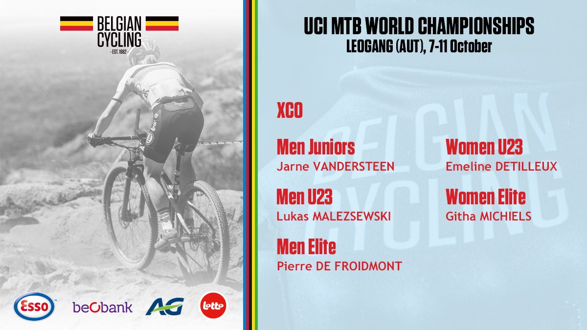 BELCyclingTeam's tweet photo. Here's our updated roster for the @UCI_MTB World Championships 🌈 in Leogang 🇦🇹 after @KevinPanhuyzen's withdrawal | https://t.co/HG2bYougk8

#MTBWorlds #Leogang2020 https://t.co/y1kpKe4lBv