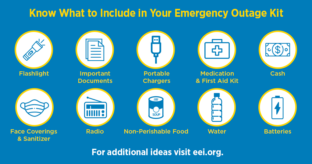 EEI on X: Take the time now to stock your emergency outage kit so you're  ready should a power outage occur. Learn what to include:   #HurricaneDelta #StormPrep #PoweringThruTogether   / X