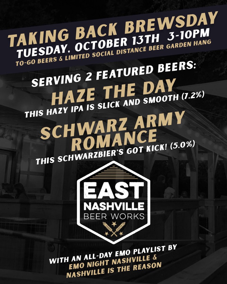Emo Night returns next Tuesday, October 13th! Join us for the social distance hang, killer taproom exclusive batches, and ALL the great Emo tunes that will hit you in the feels 🖤🖤

<a href="/nashisthereason/">Nashville Is The Reason</a>