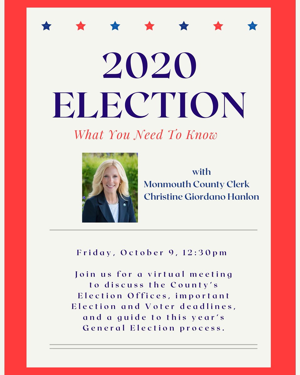 Join us for an Election 2020 🗳 What You Need To Know webinar featuring Monmouth County Clerk, Christine Giordano Hanlon. 
Registration is free! 
Sign up today at jsccnj.com
#RideOurWave 🌊