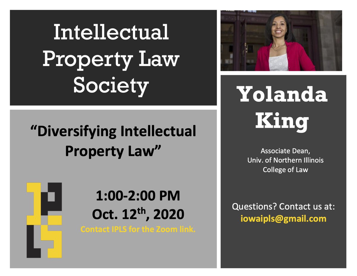 IowaIPLS's tweet image. Dean King from University of Northern Illinois College of Law will be joining us on Monday October 12th to discuss an article that she co-wrote about diversity in intellectual property law. 

Also, here is the article if you are interested!

americanbar.org/groups/intelle…