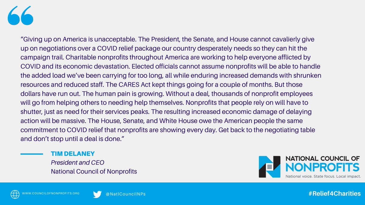 NatlCouncilNPs's tweet photo. "Without a deal, thousands of #nonprofit employees will go from helping others to needing help themselves. Nonprofits that people rely on will have to shutter, just as need for their services peaks." @realDonaldTrump @SpeakerPelosi come back to the negotiating table. https://t.co/UGhWBPMm8u