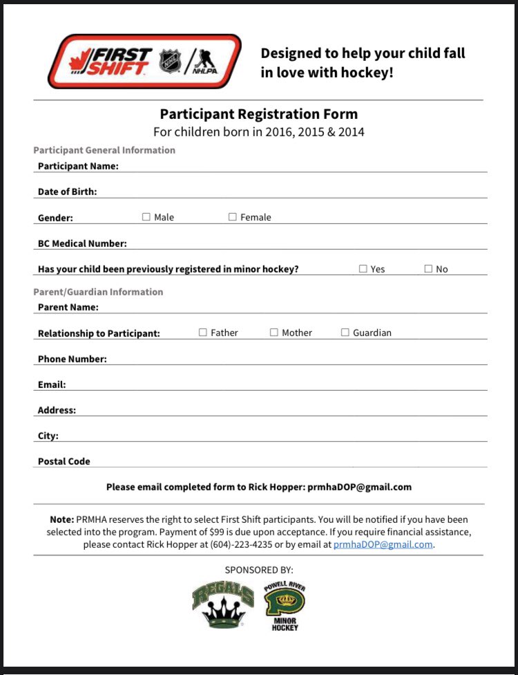 blabyn's tweet image. PRMHA will be hosting FIRST SHIFT once again for 2020. This introductory program is available to players born 2016, 2015 &amp;amp; 2014 (ages 4/5/6) who have not registered in minor hockey. 
For any questions or inquires about FIRST SHIFT contact;
Rick Hopper - DOP
prmhaDOP@gmail.com