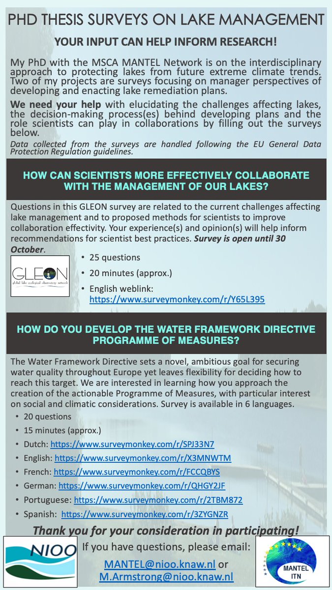 What is the role of science in lake management? And how are management plans developed? We need your help answering these research questions from a lake manager perspective via participation in our @GLEONetwork and @MANTEL_ITN surveys. Please consider sharing your insights and RT