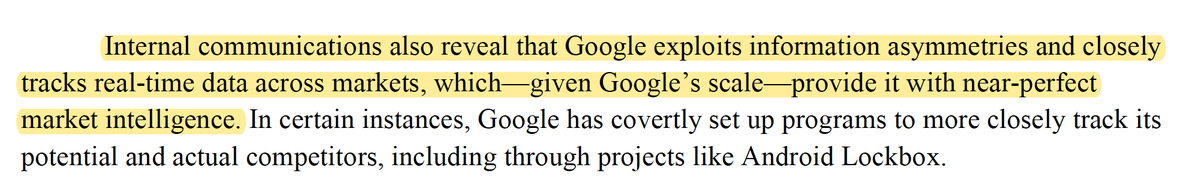 More on use of data to maintain monopolies throughout report (see attachment, too). This time regarding Google which we've published significant research backing up. "The persistent collection and misuse of consumer data is an indicator of market power in the digital economy."