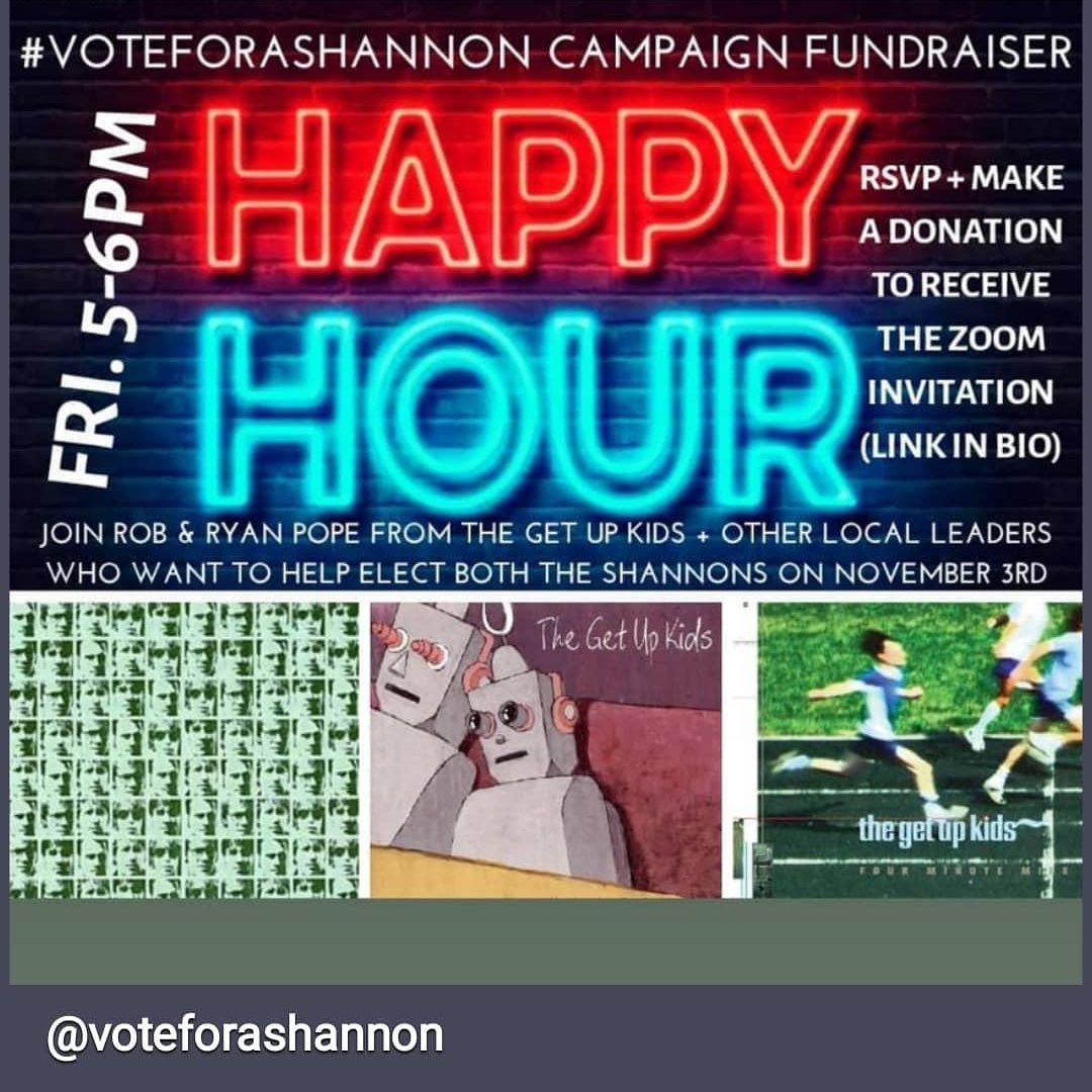 Join me + @ShannonforDGCO for a Friday Happy Hour Fundraiser with local community leaders and a couple band members from @thegetupkids 5-6pm *fb event info can be found here: fb.me/e/19fE23I65