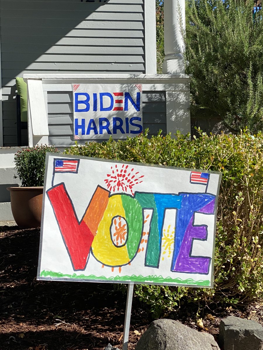 "Surely your neighborhood must be filled with 20-something anarchists who want to burn down the system!" Not at all. It's a family town. Here are some of the many adorable signs made by kids encouraging voting. The Biden/Harris one is made with stickers. 5/