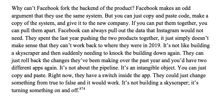 There are a lot of angry ex-Facebook employees. Here's one who told the subcommittee that it's just not very hard to split up Instagram and Facebook. It's essentially copying and pasting some code.