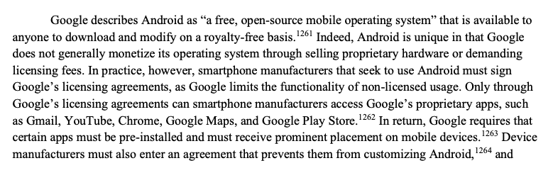 Here's how it describes the Android contracts. If as well as the (free) OS you want Gmail, YouTube, Chrome, Google Maps, and Google Play Store (for free) you have to agree to install Google Search too. Doesn't even mention that this is how Google profits from Android at all.
