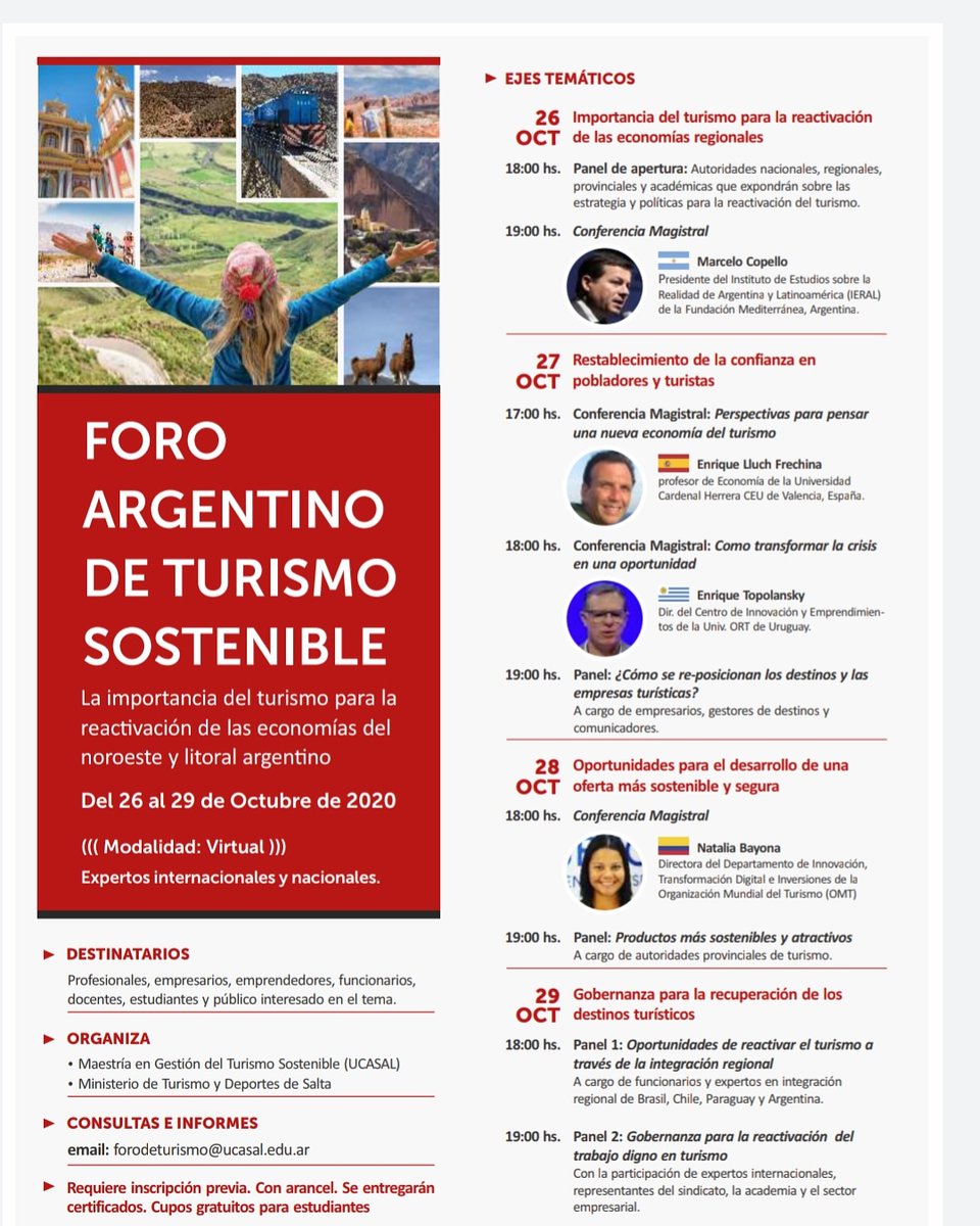 Foro Argentino de Turismo Sostenible. Del 26 al 29 de octubre.
Si querés inscribirte o tener mayor información ingresá a: ucasal.edu.ar/landing/foro_a… <a href="/RestoDelMundo13/">Resto del Mundo</a> <a href="/camaradeturismo/">Cámara Argentina de Turismo</a> <a href="/CAMEturismo/">CAME Turismo</a> <a href="/FABIANBANCHERO/">FABIAN BANCHER0</a> <a href="/RestoDelMundo13/">Resto del Mundo</a> <a href="/minturprensa/">Min. Turismo Arg</a> <a href="/TurismoNorteAr/">Turismo Norte</a>