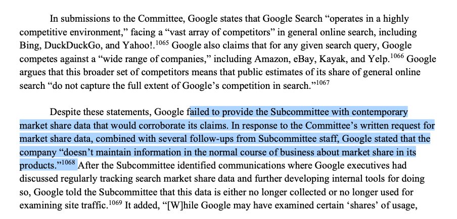 Definitely seems like Google was the most openly dishonest of the four companies being investigated. Google said 'we don't have a dominant market share,' then refused to provide market share data, then said they don't even collect it, but of course, their docs show they do.