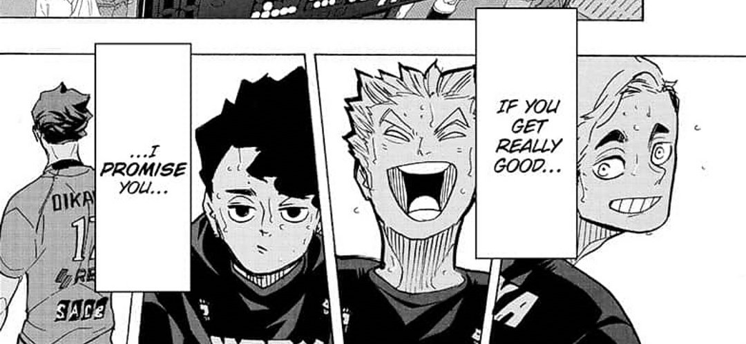 i can already hear the voice acting for this scene in my head.... kazuyo saying the first part, kageyama saying the second, hinata's audible smile as he turns back to look at kageyama.... 