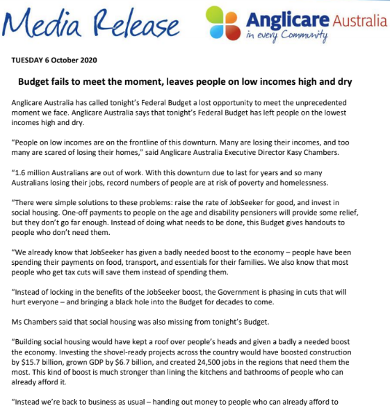 As Anglicare’s Kasy Chamber poinrted out, “instead of doing what needs to be done, this Budget gives handouts to people who don’t need them.”