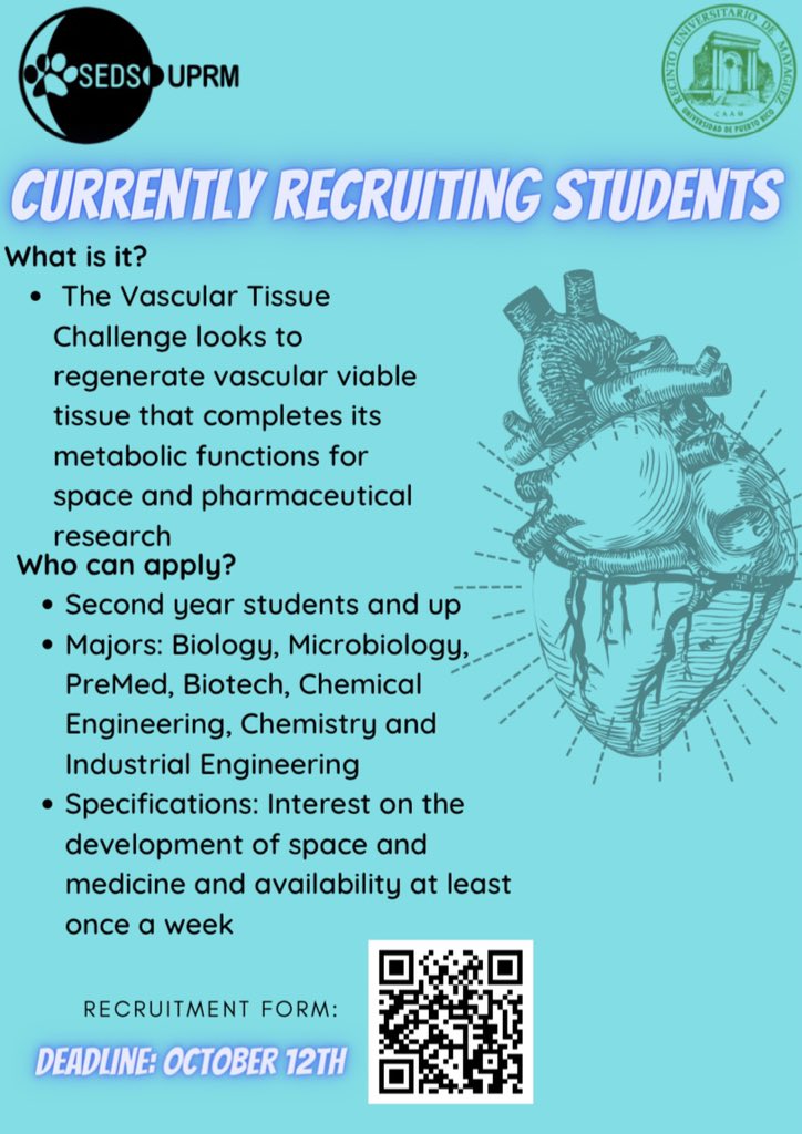 Our SEDS Leadership Academy is looking for Biology, Microbiology, Pre-Med, Biotech, Chemistry, Chemical and Industrial Engineering majors interested in working to regenerate viable vascular tissue with complete metabolic function!👨‍⚕️👩‍⚕️❤️ ✨Form✨: docs.google.com/forms/d/e/1FAI…