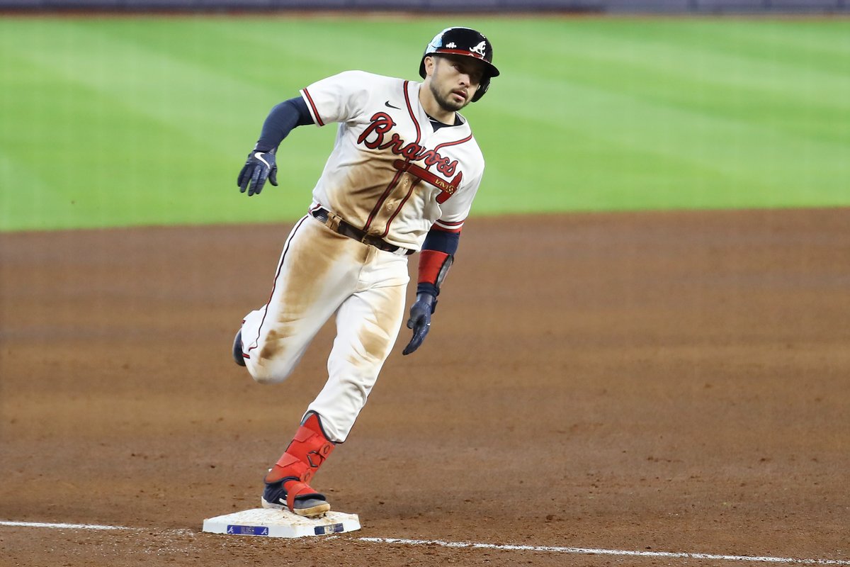 Braves's tweet photo. Travis d'Arnaud is the first catcher in baseball history to reach base five times and drive in four runs in a #Postseason game.

#MixItUp | #ForTheA https://t.co/Gdp81Tple3