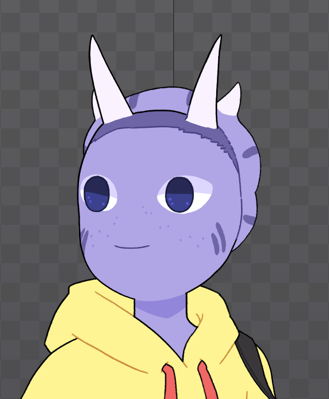 Honestly hard to explain what's going on here. It's Trish (purple triceratops) in her yellow hoodie with peach tassles. She has her four horns but no hair and no toque, plus no eyebrows or nose. Haunting. On a grid background