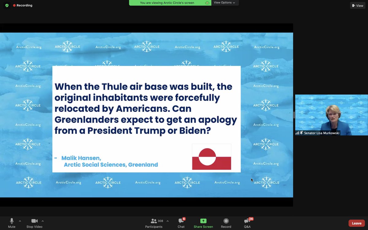 An emotional and crucial question to Senator ⁦<a href="/lisamurkowski/">Sen. Lisa Murkowski</a>⁩ at the inaugural #ArcticCircleVIRTUAL. Important to #Greenland, ⁦<a href="/GreenlandMFA/">Greenland MFA 🇬🇱</a>⁩, ⁦<a href="/GreenlandRepDC/">Greenland in USA&CDA🇬🇱</a>⁩
