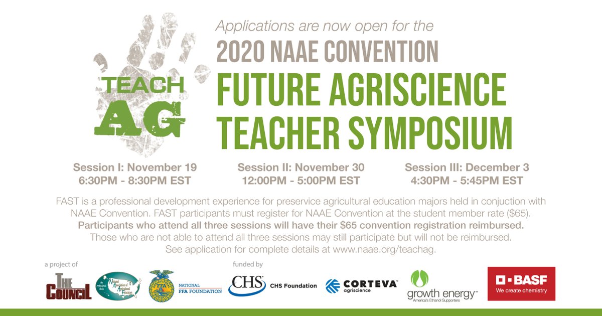 We're now accepting applications for the 2020 <a href="/NAAE/">National Association of Agricultural Educators</a> Convention Future Agriscience Teacher Symposium (FAST)! See the application for more important registration information. #TeachAg

#NAAE20 » bit.ly/34nzmIJ