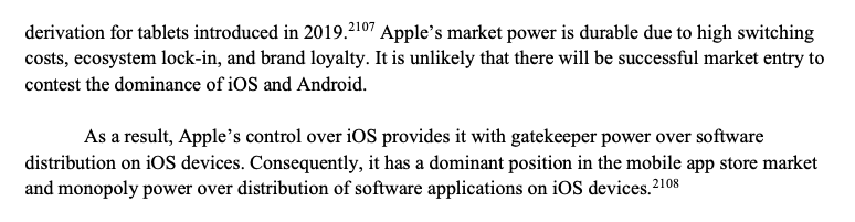 Another revealing bit: "Apple's market power is durable due to ... brand loyalty". Brand loyalty reflects the (perceived) quality of the product offering. It's equivalent to saying "Apple has market power because it makes smartphones people really like".
