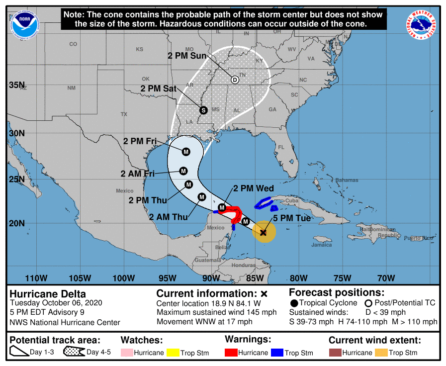 BexarCOSW's tweet photo. 10/6 5:32p Tropical Update

#MajorHurricaneDelta continues to churn near the Yucatan with sustained winds of 145 mph. The forecast track hasn't changed much &amp; #Delta is expected to make landfall as a major hurricane in the northern Gulf coast. https://t.co/Tbfmbdzjzt