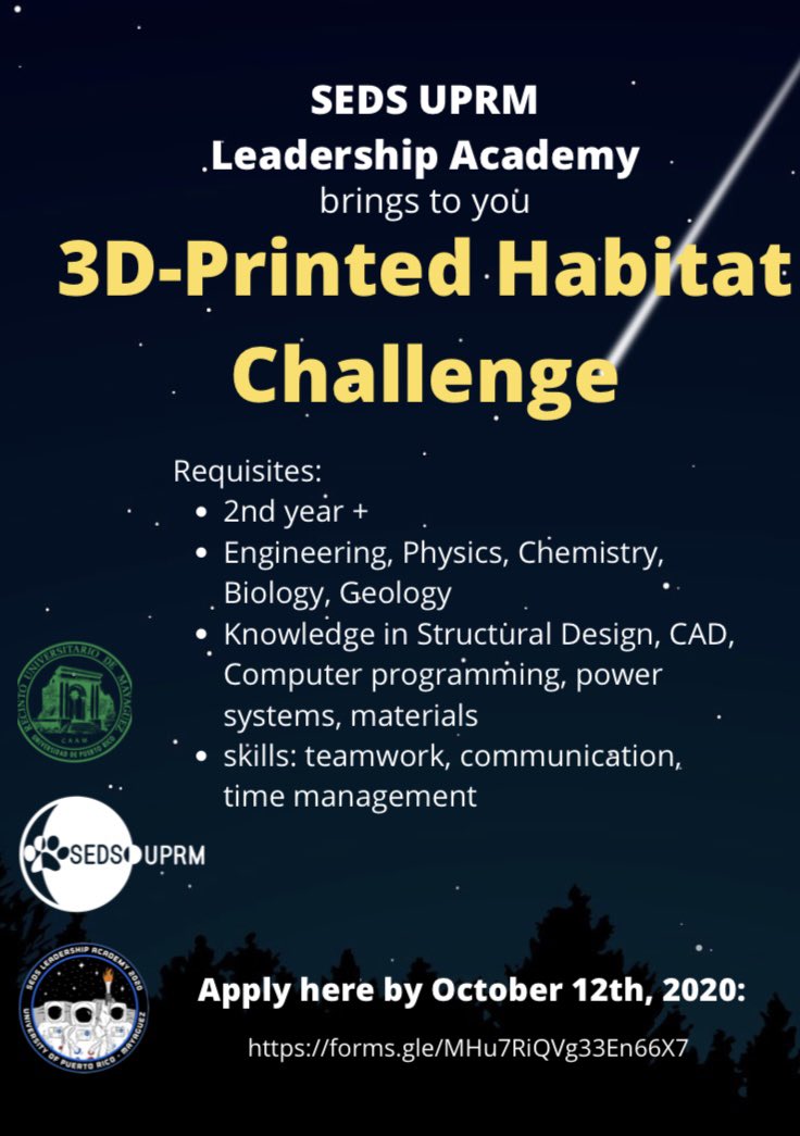 💫SEDS UPRM Leadership Academy is recruiting passionate students for the 3D-Printed Habitat Challenge. This is a opportunity to design a habitat and use innovative construction technology to create efficient & sustainable housing for Earth and beyond💫 forms.gle/A5PNq59TpDXtwk…