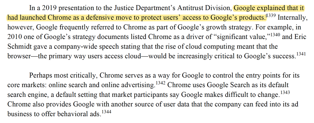 OMG, "Google explained that it had launched Chrome as a defensive move to protect users’ access to Google’s products" ... that's just stupid spin. I can't emphasize enough how much Eric Schmidt's influence and lobbying over Washington damaged the market for so many others.