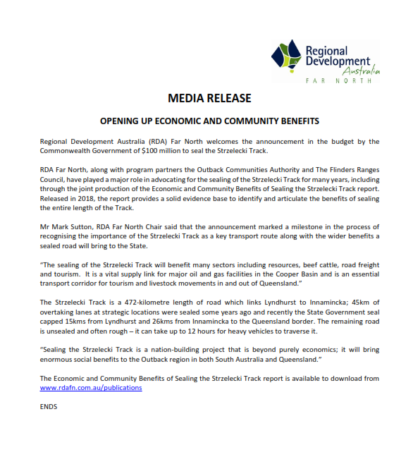 𝗢𝗽𝗲𝗻𝗶𝗻𝗴 𝘂𝗽 𝗘𝗰𝗼𝗻𝗼𝗺𝗶𝗰 𝗮𝗻𝗱 𝗖𝗼𝗺𝗺𝘂𝗻𝗶𝘁𝘆 𝗕𝗲𝗻𝗲𝗳𝗶𝘁𝘀
RDA Far North welcomes the announcement in the budget by the Commonwealth Government of $100 million to seal the Strzelecki Track. #regionsmatter