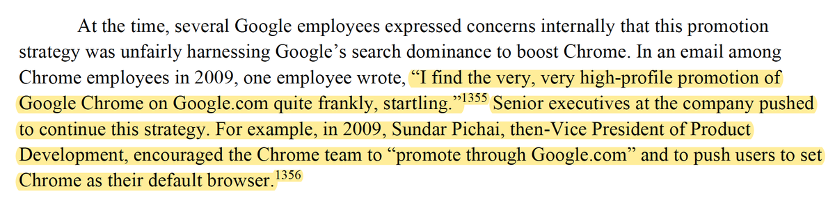 “I find the very, very high-profile promotion of Google Chrome on  http://Google.com  quite frankly, startling.” Senior executives at the company pushed to continue this strategy." (including now CEO Sundar Pichai)