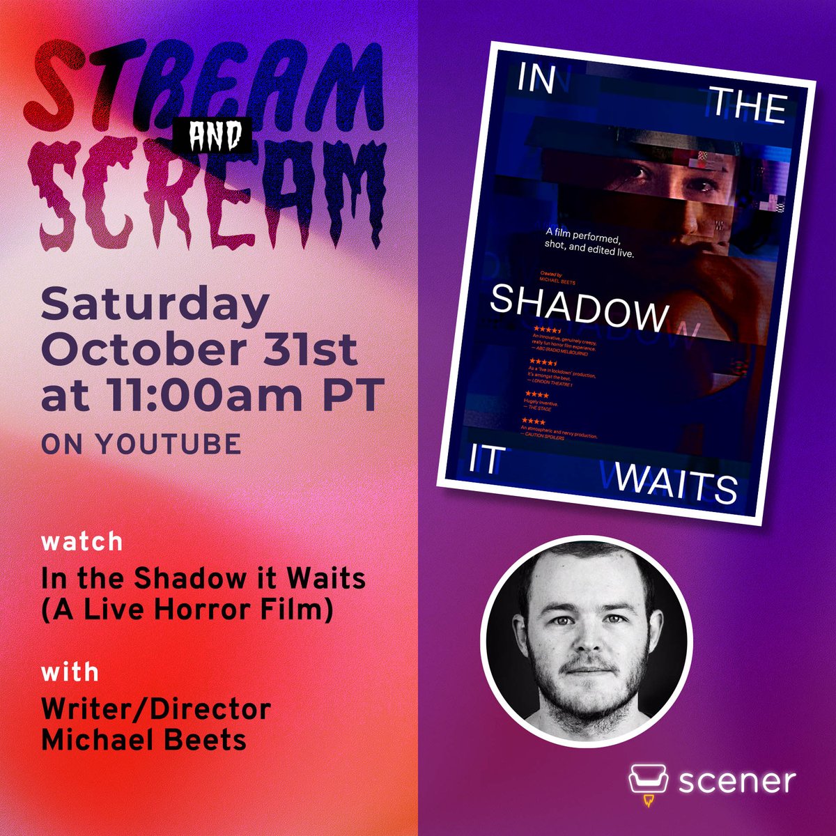 Turn the fear factor up to 10 with a LIVE horror film on #Halloween. Watch 'In the Shadow it Waits' with writer/director <a href="/MichaelBeets/">Michael Beets</a> on Saturday, October 31st.

Follow Stream and Scream on Scener to save your spot: Scener.com/StreamAndScream