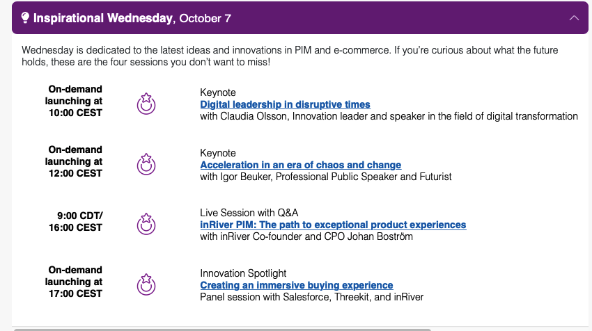Inriver_PIM's tweet photo. Get ready for Inspirational Wednesday at #PIMpoint Digital! Hear from visionaries including @threekitsocial @Claudia_Olsson @dendarbostrom @IgorBeuker @salesforce Register now https://t.co/1EAPy8TDKa #innovation #inspiration https://t.co/WjTlosJALb