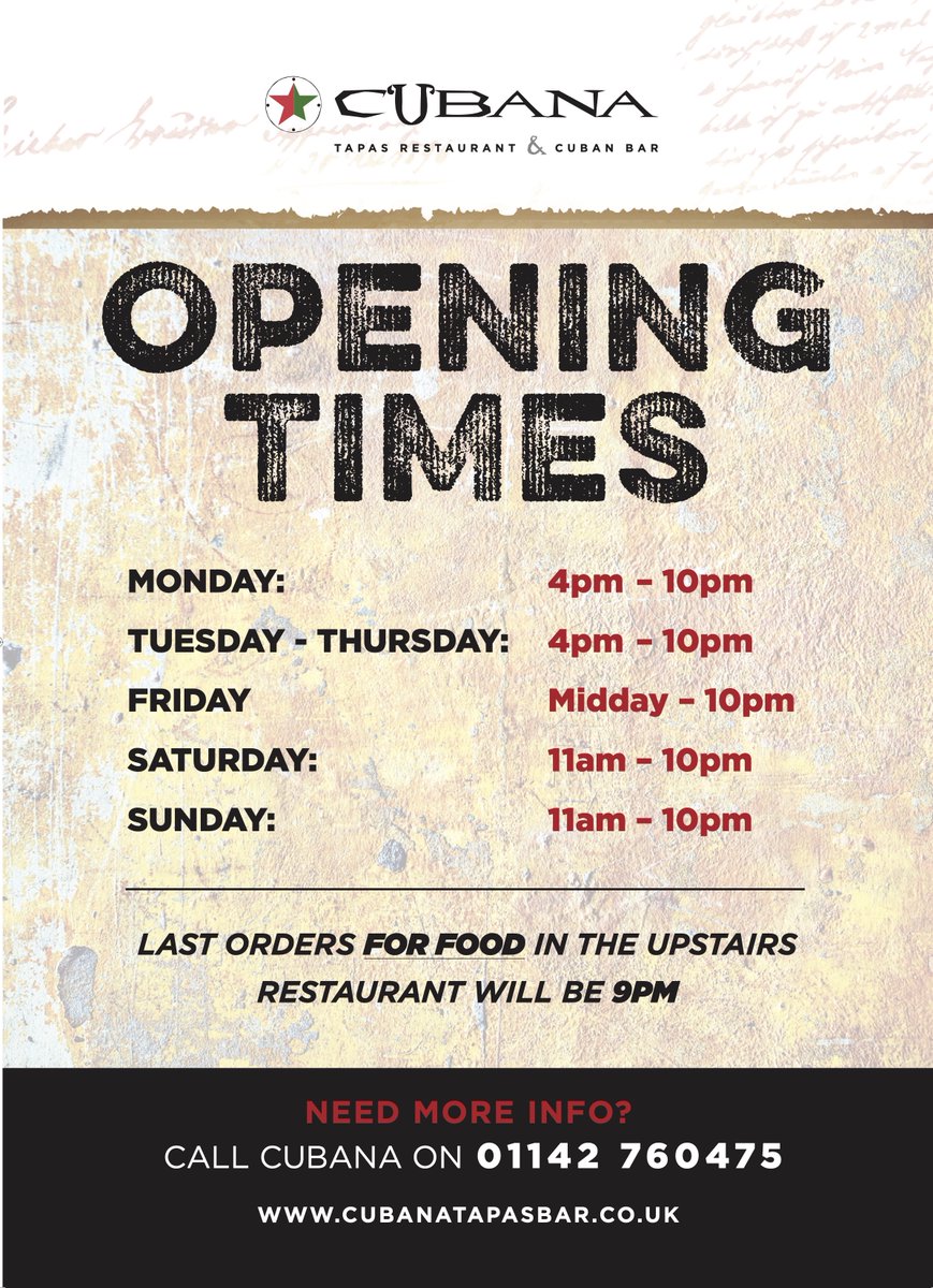 CUBANA IS NOW OPEN EVERY NIGHT - 7 DAYS PER WEEK