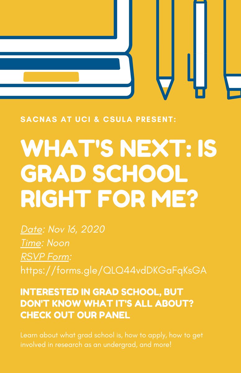 Got questions about #gradschool?🧐 Check out our upcoming panel, in collab with our friends @csula_sacnas 
November 16th at noon, find us at linktr.ee/sacnasatuci
See you there!