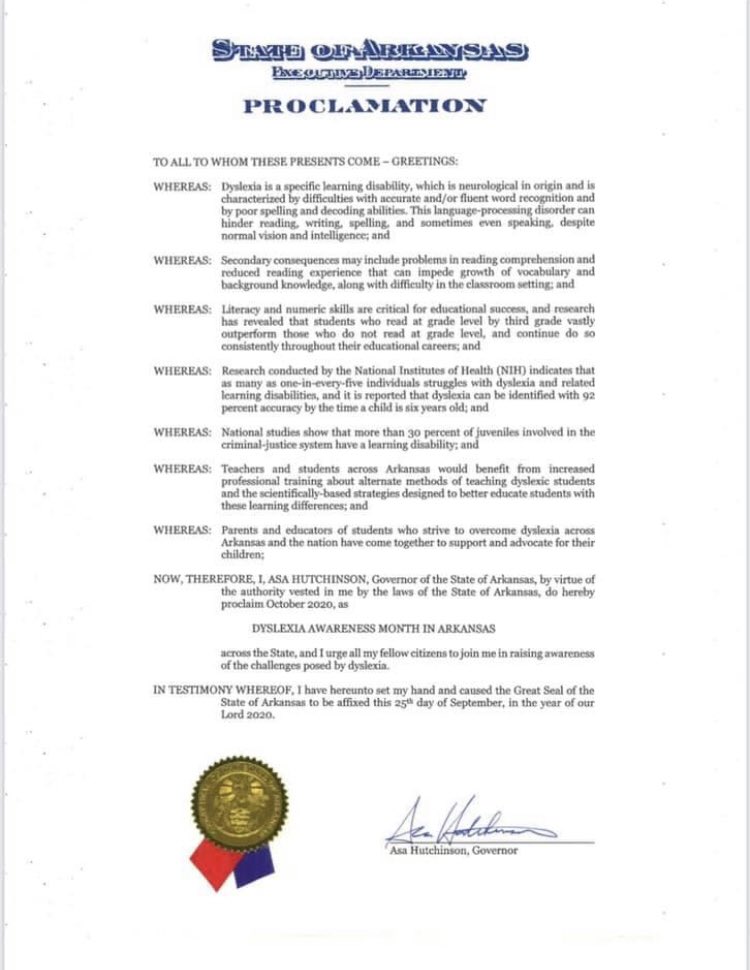 patriciajamesAR's tweet photo. Arkansas Gov. Asa Hutchinson declares October Dyslexia Awareness Month. @AsaHutchinson @ArkansasEd #IDAParty https://t.co/VBSWkgt0ka