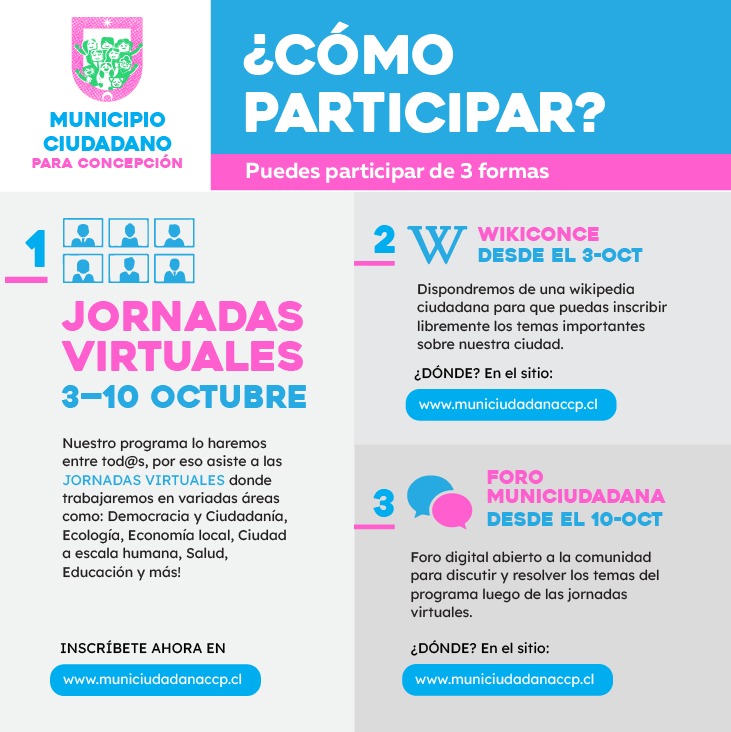 MunCiudadanaCCP's tweet photo. 🔴 Próximo sábado 10 continuamos los #EncuentrosProgramaticos 🙌💪🙌👩🌾👩🔬👨🏭👨🎨👨💼🙂🌱‼
🌱🙌 Revisa nuestra web, ya están en funcionamiento el #Foro y la #WikideConce 🤩👉 https://t.co/VzIsRlQCy8
#MuniCiudadanaCCP #Concepción https://t.co/vUj76LLETv