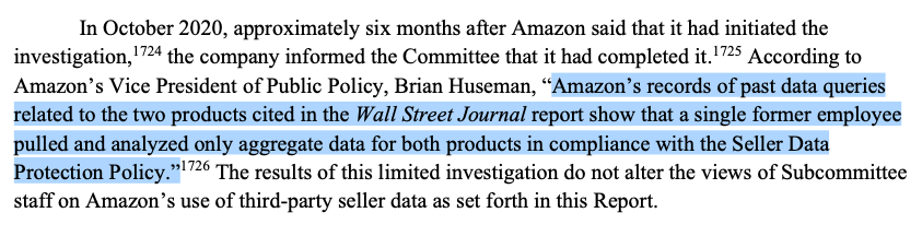 This is some bullshit resolution to what very much looked like perjury that Amazon lobbyist Nate Sutton offered about the abuse of third party merchant data to create private label products.