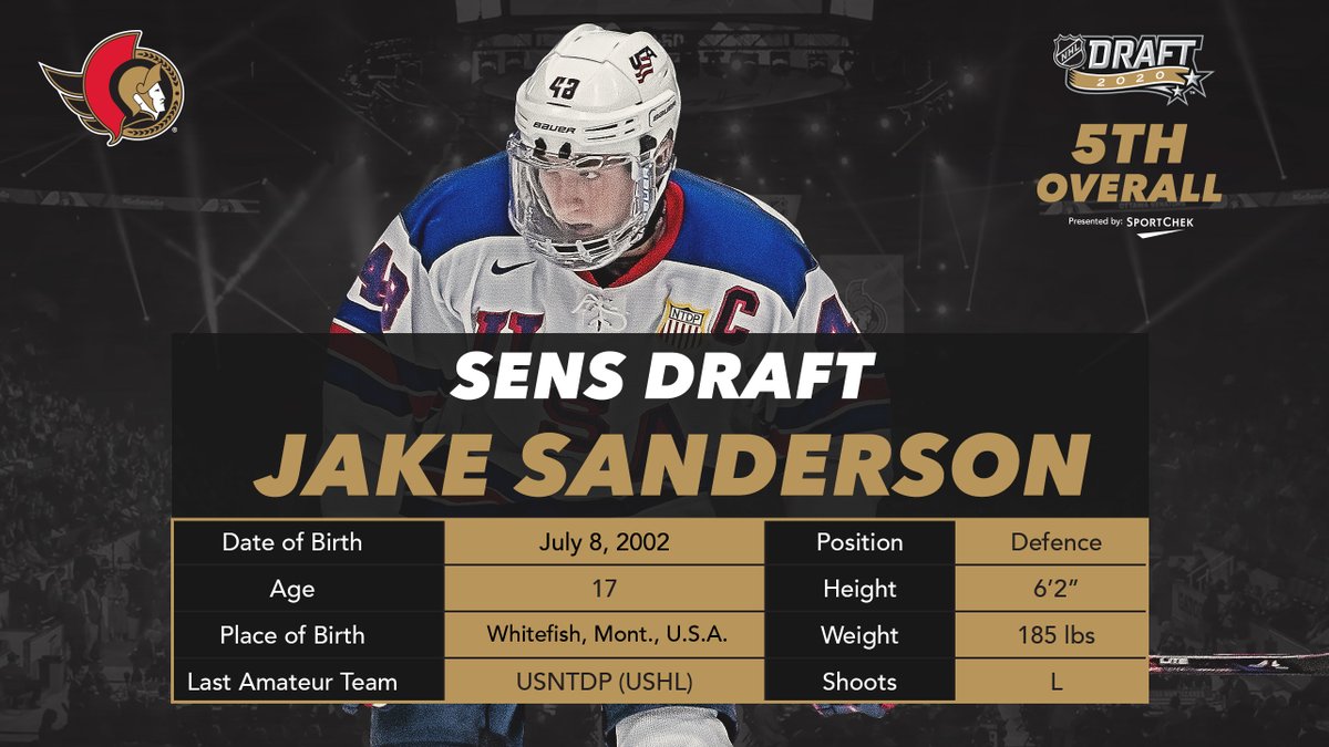 With the fifth overall selection of the 2020 #NHLDraft, the #Sens select Jake Sanderson of the USNTDP.