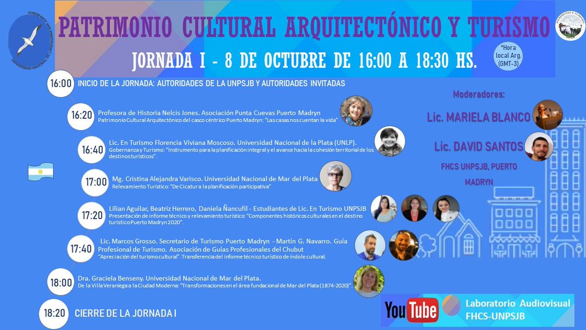unpsjb_madryn's tweet photo. Ciclo de charlas virtuales. Patrimonio Cultural Arquitectónico y Turismo. Programa de la Jornada I, que se desarrollará el jueves 8 de octubre de 16 a 18:30hs. por Youtube. 
+info: https://t.co/WSwhK1q8v0

#UNPSJB #FHCS #Patrimonio #Turismo https://t.co/XBY5rxBE39