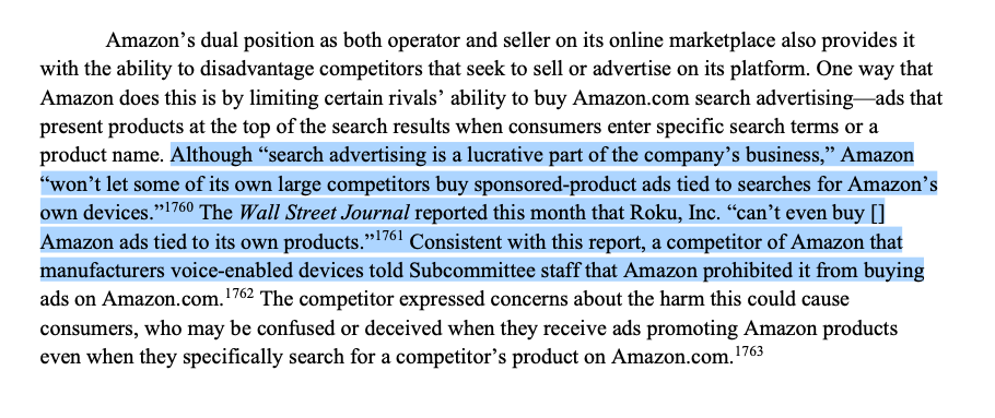 Roku couldn't buy advertise on Amazon for a keyword search of its own brand because it competes with something Amazon makes.