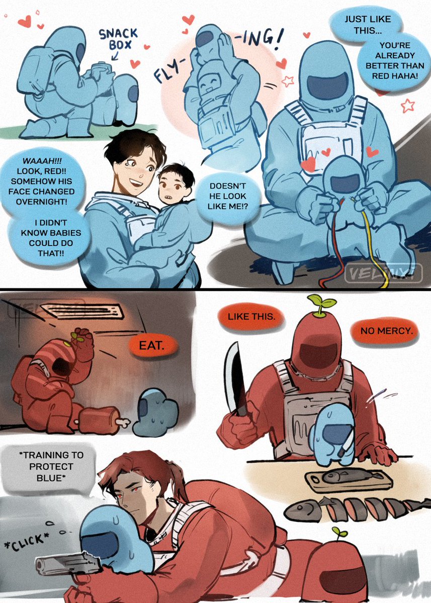 [among us] blue crewmate and his red imposter friend that stalks him to protect him from other imposters, part 4

How to raise a mini crewmate 