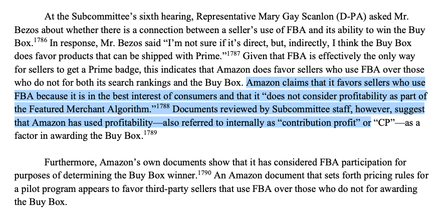 Whoa, the subcommittee found that Jeff Bezos misled the committee. Amazon does consider profitability when determining which merchant gets to place its products in front of consumers.