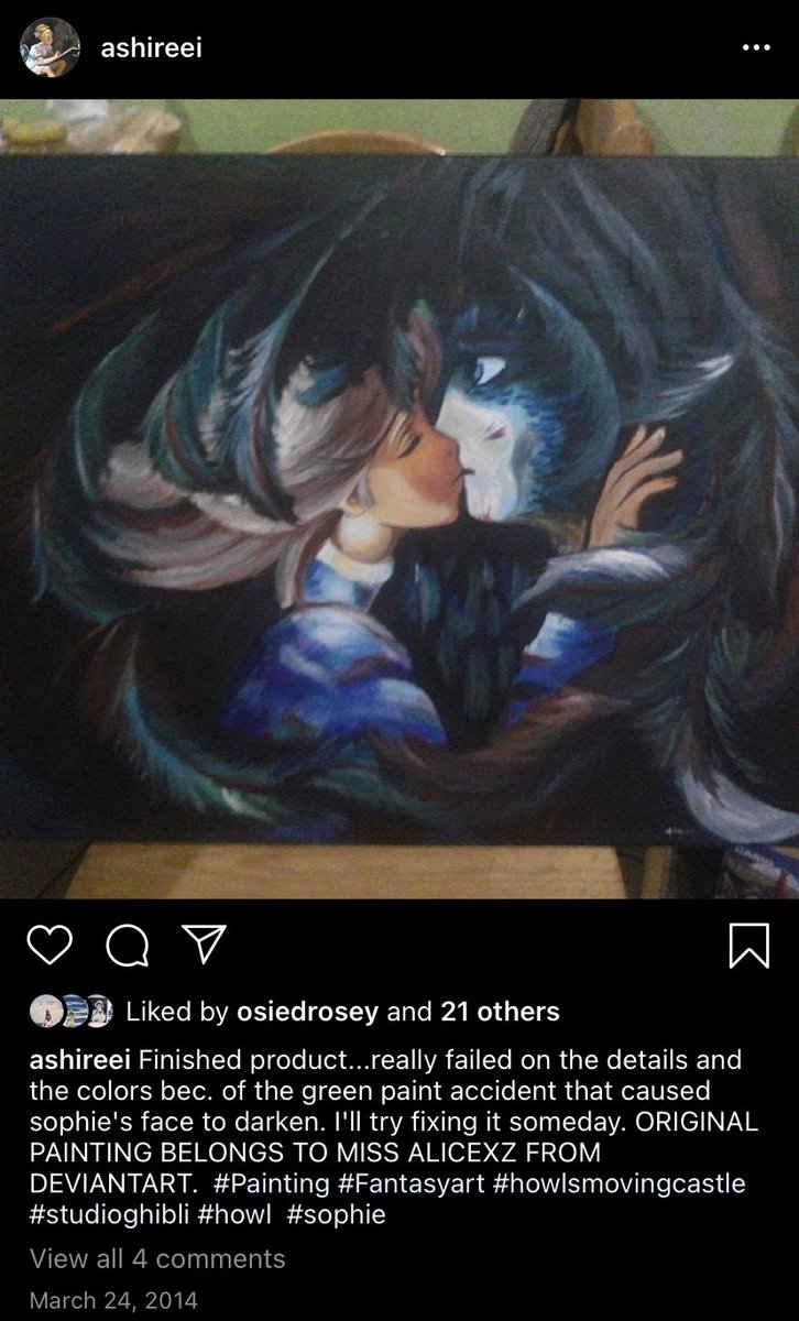 ashireei's tweet photo. #firstinstagram was my first year finals plate in fine art school which is a fantasy painting! recreated @/alicexz ‘s Howl and Sophie digital painting to trad ✨💖✨ https://t.co/g57Ukfjw6R