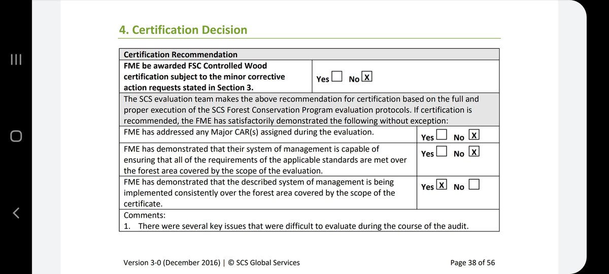 Reading the actual report by the FSC, and it appears that investigations were wrapped up in November 2019. Before all those events.The result was, no certification for you. (FME = Forest Management Enterprise)
