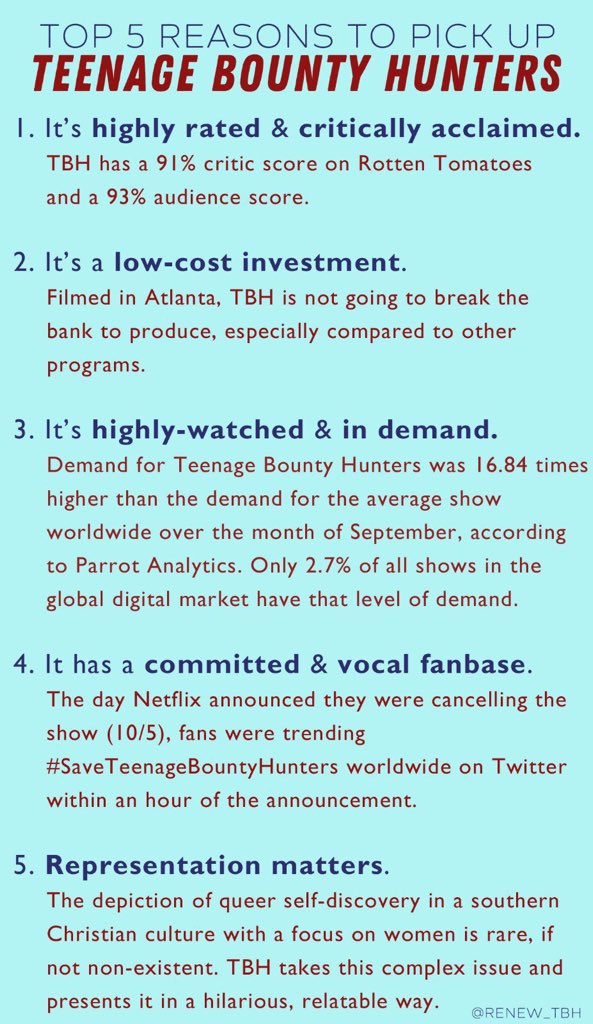 We also want to encourage you to keep tweeting  @netflix and other networks/streaming services all day, every day using  #SaveTeenageBountyHunters - except for when we’re trying to trend other things.  ICYMI, here is a helpful graphic to send with your tweets: